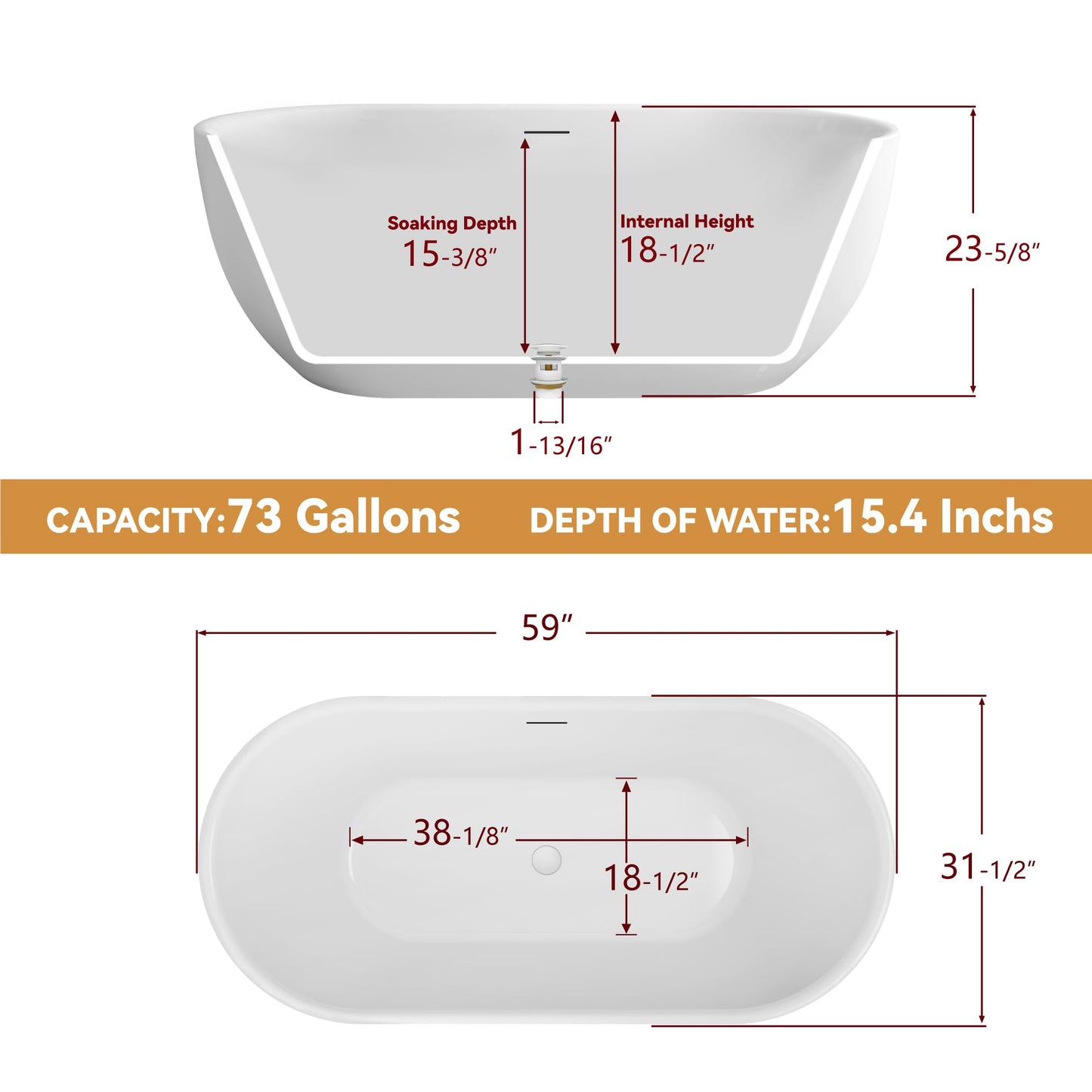 59" Free Standing Tub, Pure Acrylic Freestanding Bathtub, Stylish Stand Alone Contemporary Deep Soaking Bath Tub, cUPC Certified SY6850 (Glossy White)