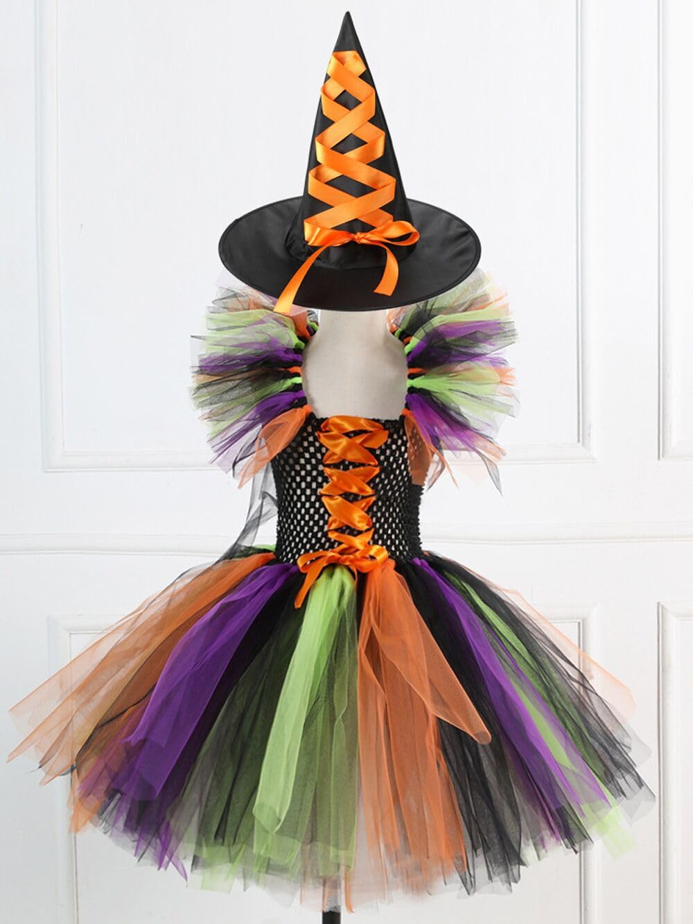 MOLFROA Handmade Girls Tutu Dress for Halloween with Witch Broom and Witch Hat Dress Up Dresses Set (Orange,4-5Y)