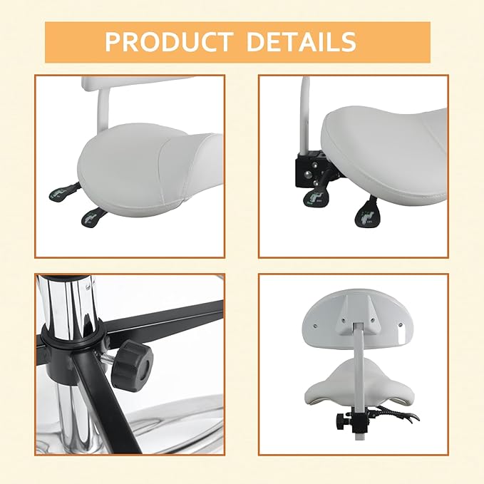 Nazalus Saddle Stool Chair with Back Support Footrest, Heavy-Duty(350LBS), Hydraulic Rolling Swivel Adjustable Stool Chair for Salon Spa Beauty Massage Dental Clinic Home Office Use(White)