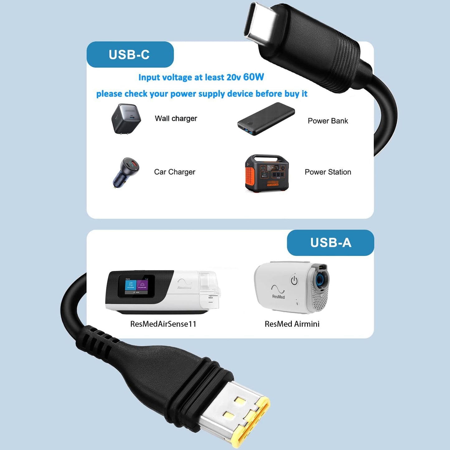 LUNENG 20V CPAP Power Cord for ResMed AirSense 11 AirCurve 11 & AirMini CPAP Machines Power, CPAP Charger DC Coverter Cable Fit PD 20v Charging Head/ 65W Battery Backup/Power Station/Power Bank