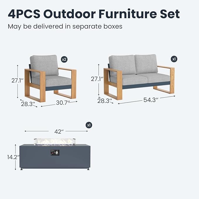4 Pieces Aluminum Patio Furniture Set, Outdoor Conversation Sets with High Backrest Sofa and Fire Pit Table for Garden and Backyard