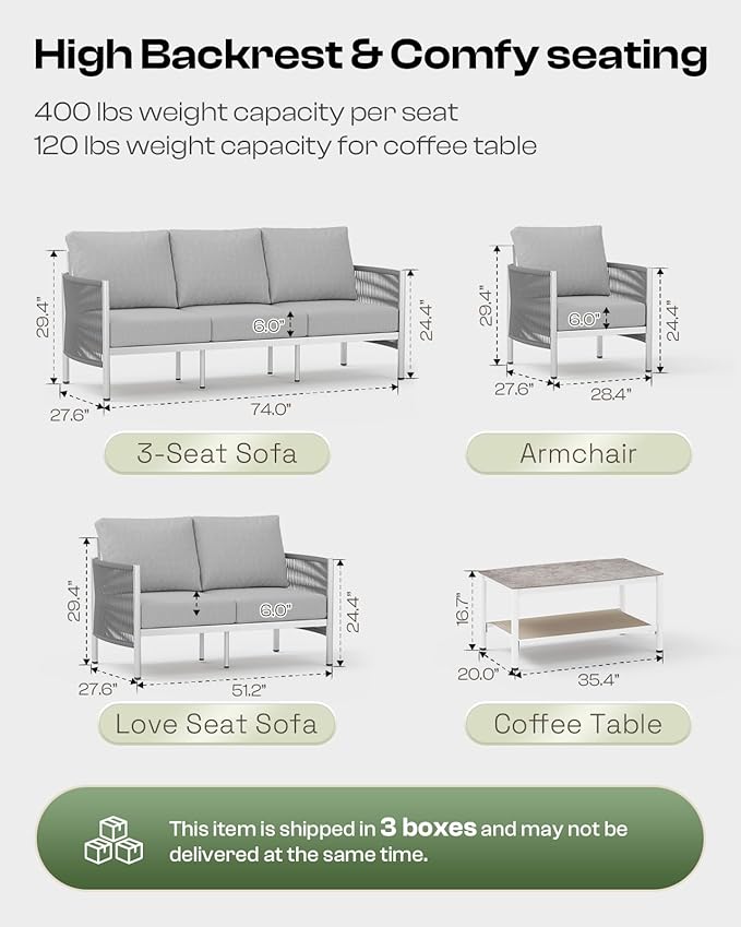 Aluminum Outdoor Patio Furniture Set with Dual-Layer Coffee Table, 4 Piece Modern Patio Conversation Sets with PE Rope, Outdoor Sectional Sofa with Thick Cushions for Balcony, Porch, Silver
