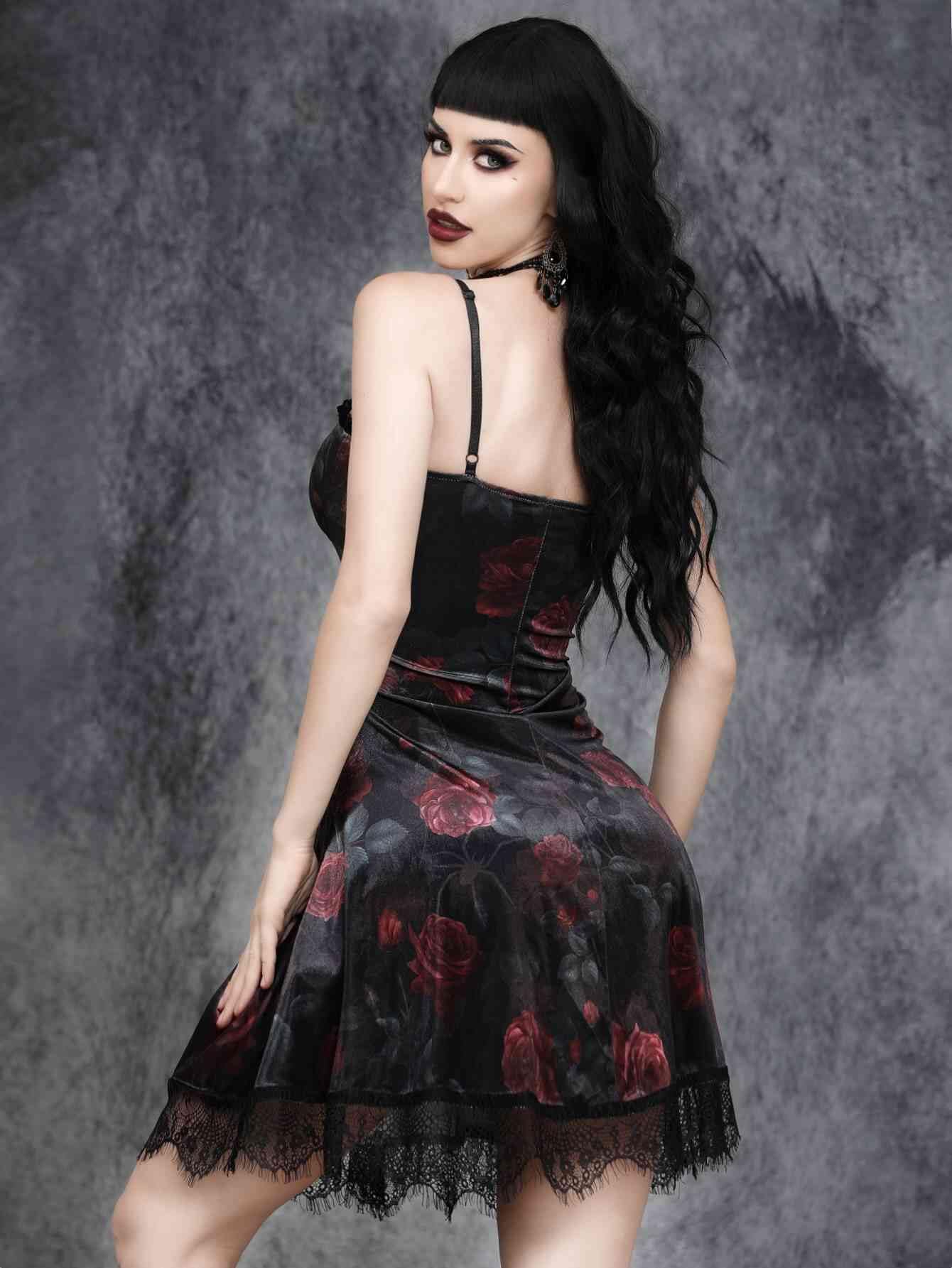 GothDark Vintage Goth Velvet Dress with V Neck Lace Trim Summer Sexy Party Mini Black Dress