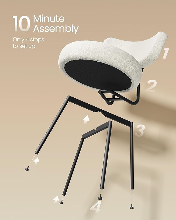 VASAGLE Boucle Dining Chairs Set of 6, Upholstered Kitchen Dining Room Chairs with Curved Backrest and Steel Frame, Modern Mid Century, Round, for Vanity, Living Room, Cream White UKDC110W16