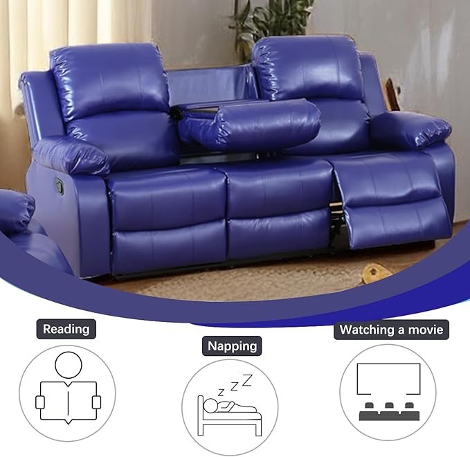 A Ainehome Living Room Furniture Set Leather Recliner Sofa Set Loveseat Chair Furniture Sofa Set for Living Room/Small Space/Rv/House/Office/Theater Seating (A-Blue Leather, Sofa(3seater))