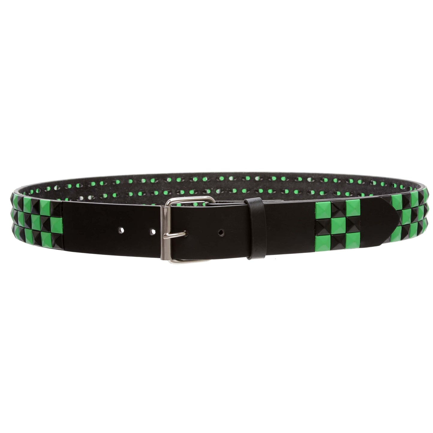 Snap On Punk Rock Black & Green Star Studded Checker Board Leather Belt, Black/Green | xs 27"-29"