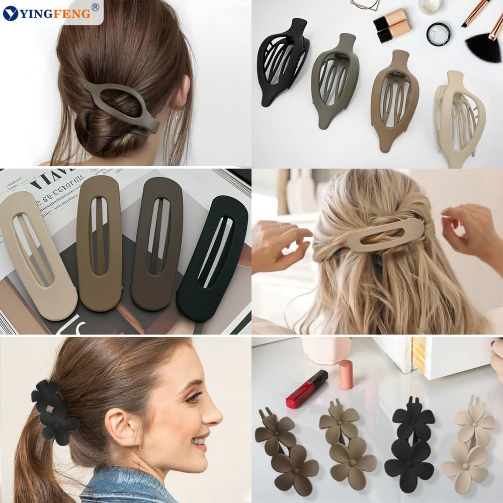 12 Pcs Neutral Colors Flat Hair Clips, YINGFENG Flat Claw Clip for Women, Matte Non-Slip Flower Claw Clips for Thin Thick Hair,