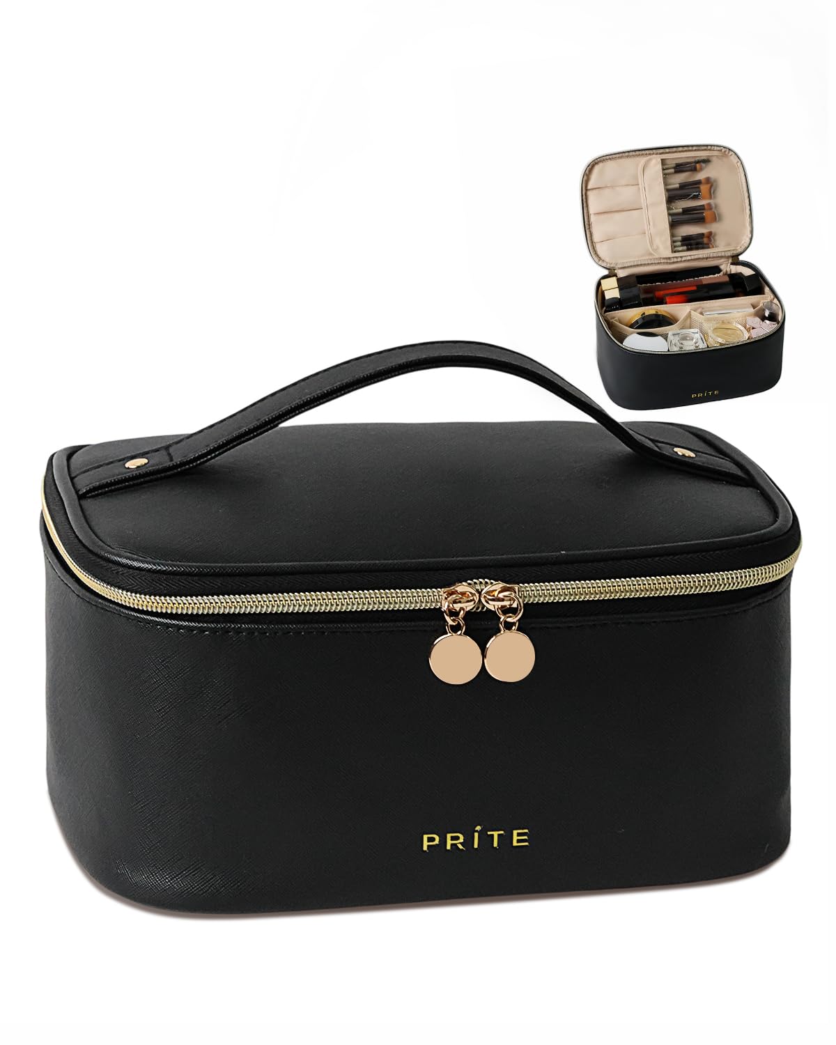 Prite Makeup Bag, Large Capacity Portable Travel Cosmetic Bag, Waterproof Makeup Organizer for Women with Handle and Divider(Black)