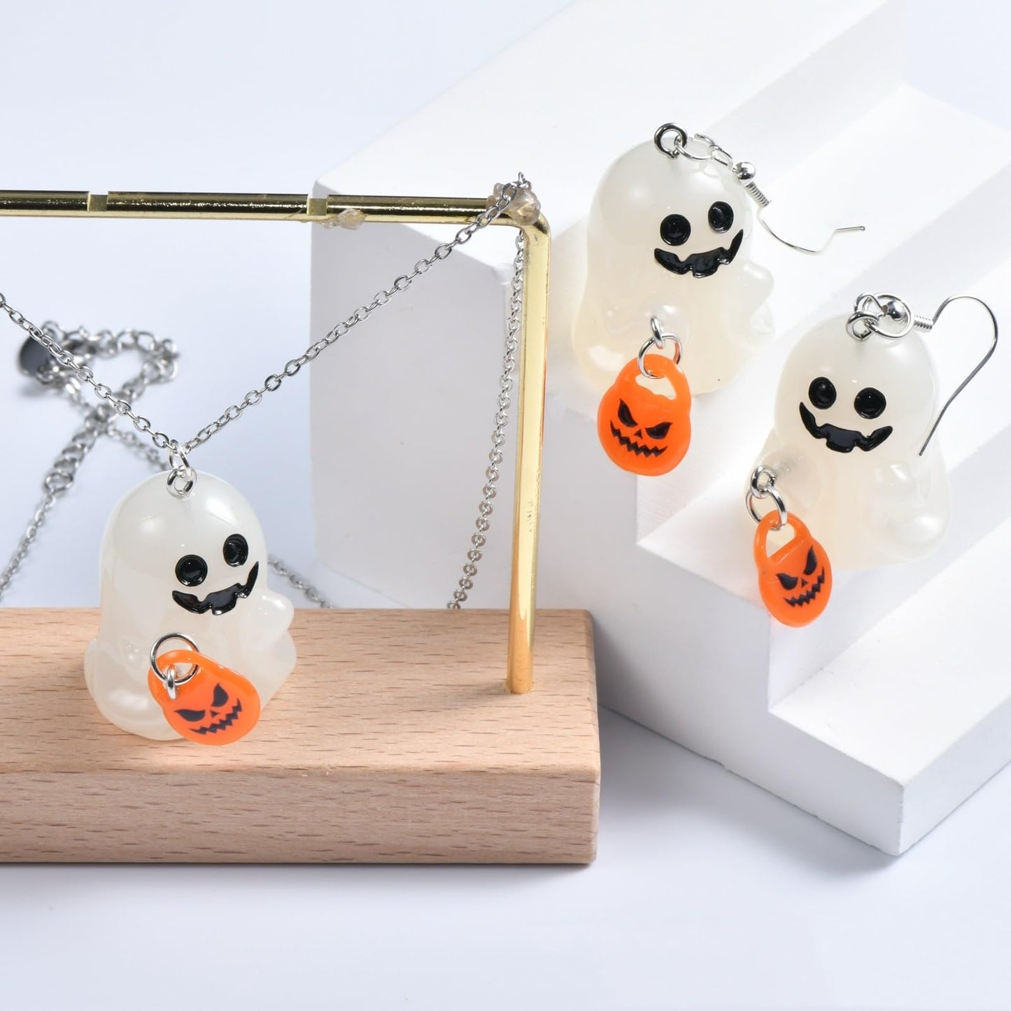 Ghost Earrings,Spooky Halloween Earrings Necklace Set for Women Pumpkin Ghost Glow In The Dark Dangle Earrings,3d Light Up Candy Corn Necklaces Holiday Jewelry Gifts (Set1)