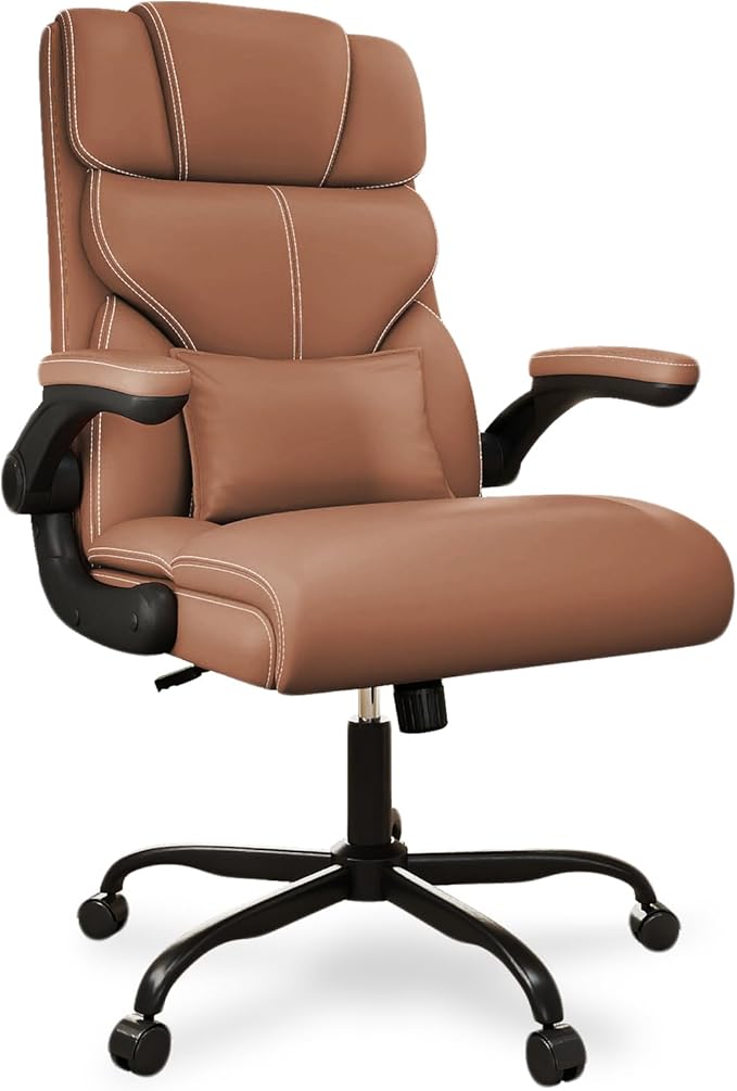 Executive Office Chair with Flip-up Armrests,Ergonomic Computer Desk Chairs,Mid-Tall Back Leather Office Chair 400 Lbs,Lumbar Support Swivel PC Chair with Rocking Function