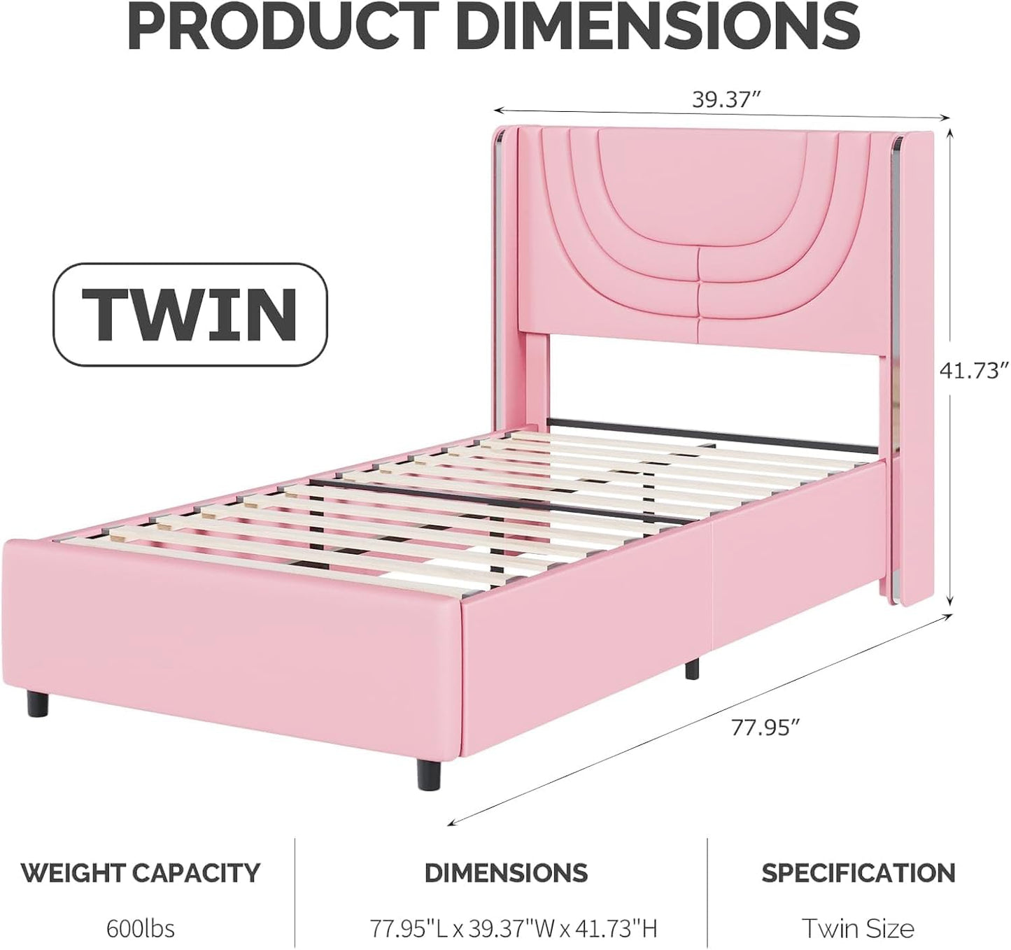 REVOMINCA Pink Twin Bed Frame with LED Lights, Faux Leather Upholstered Platform with Silver Wingback Headboard, Modern Style, No Box Spring Needed, Easy Assembly