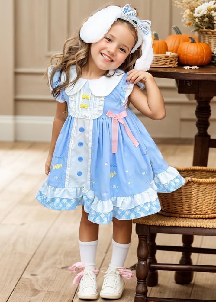 GSHLGAO Girls Cute Anime Cartoon Print Cosplay Sky Blue Sweet Dress Ruffles Sleeve Casual Dress Headband
