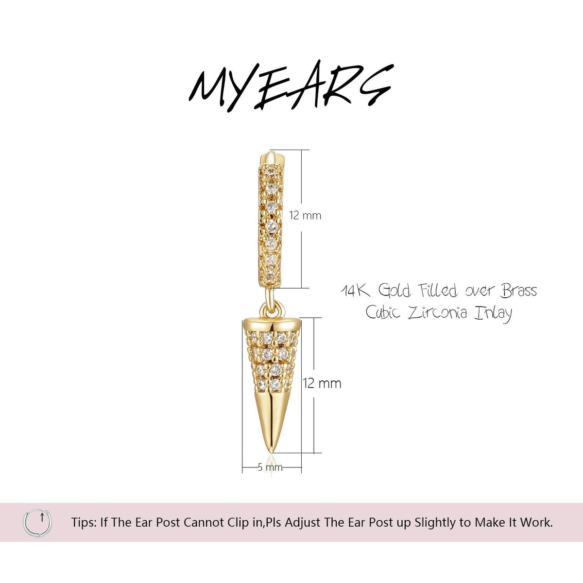 MYEARS Women Spike Earrings Gold Huggie Hoop Cone Dangle Drop Cubic Zirconia 14K Gold Plated Small Simple Hypoallergenic Everyda