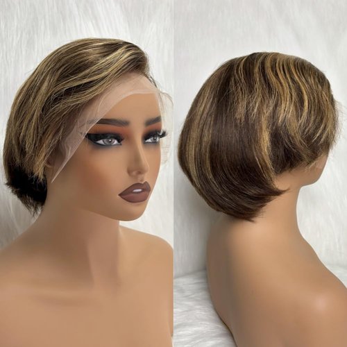 QTIKER 13x4 Pixie Cut Short Bob Wig Highlight Honey Blonde Brown Color Straight Short Bob Transparent Lace Front Human Hair Wigs For Women Brazilian Virgin Hair 150 Density Pre Plucked