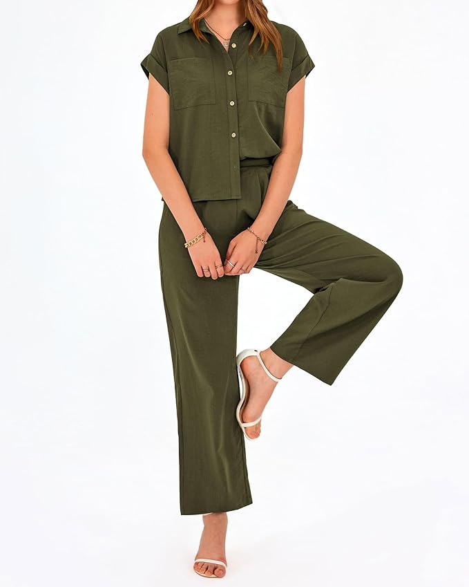 PRETTYGARDEN Womens 2 Piece sets Summer Cap Sleeve Tops Palazzo Pants Dressy Casual Vacation Travel Outfits Tracksuits