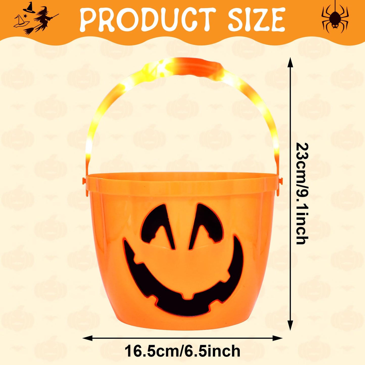 Lighted Pumpkin Halloween Candy Bucket with Handle - Large Plastic Light Up Sweet Bucket Pail for Halloween Trick or Treat Jack O Lantern Candies Collection Party Decorations for Kids