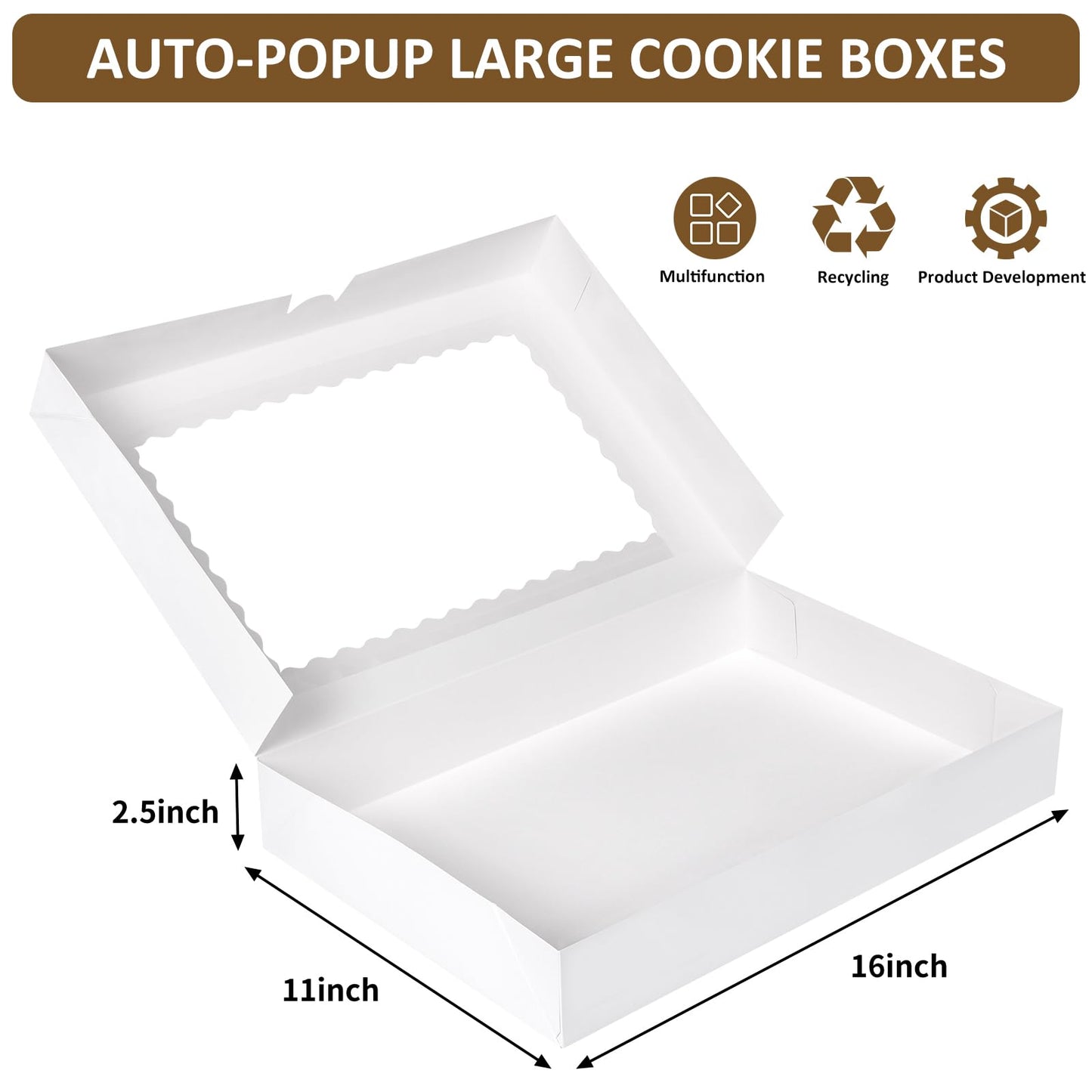 Moretoes 30pcs Cookie Boxes, 16x11x2.5 Inches Auto-Popup Bakery Boxes with Window for Pastries, Pies, Muffins, Chocolate Covered Strawberries