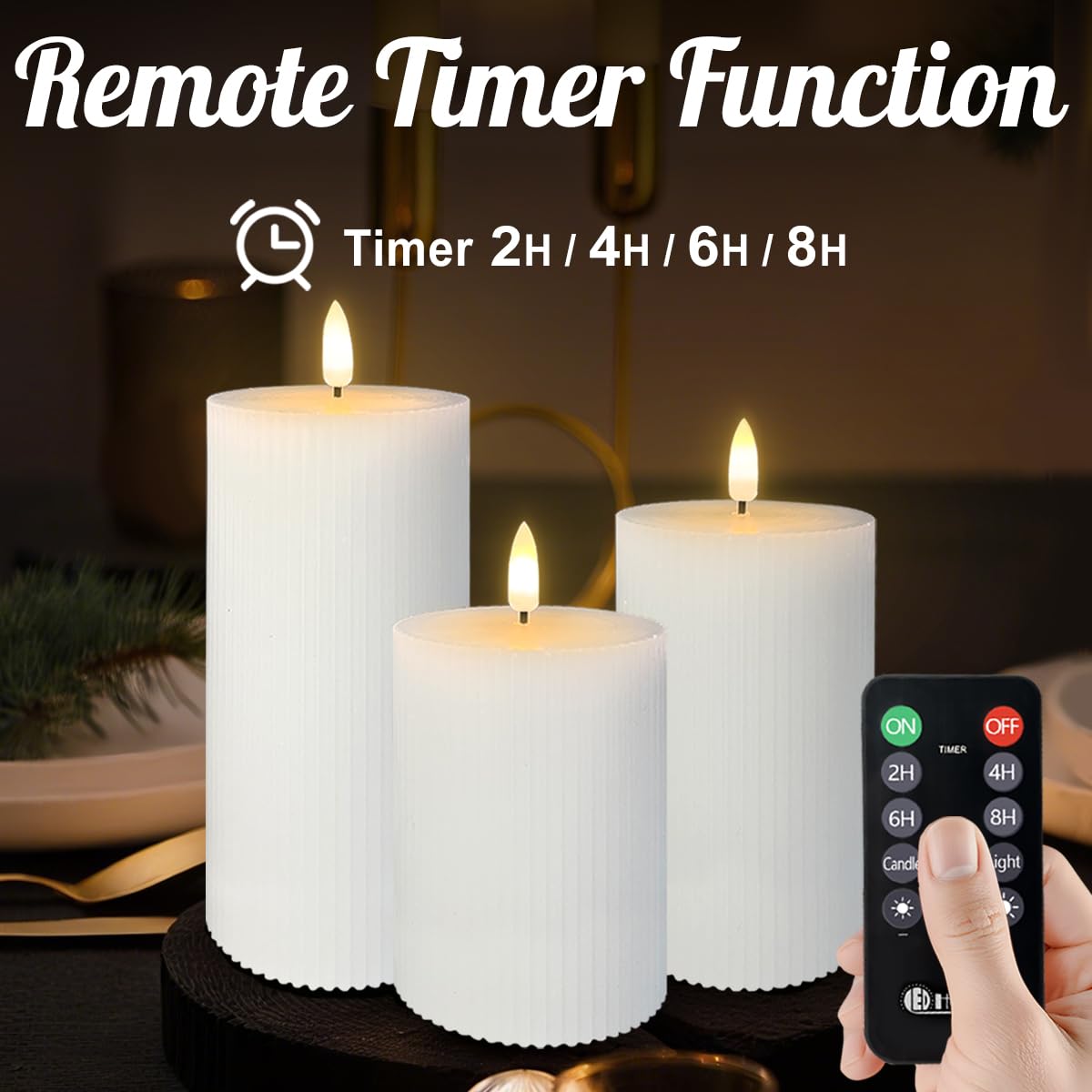 LEDHOLYT Rechargeable Flameless LED Pillar Candles–Luminous Real Wax Indoor Home Decor–Set of 3, Realistic Flickering LED Flame,Remote & Timer, USB-Rechargeable(White)