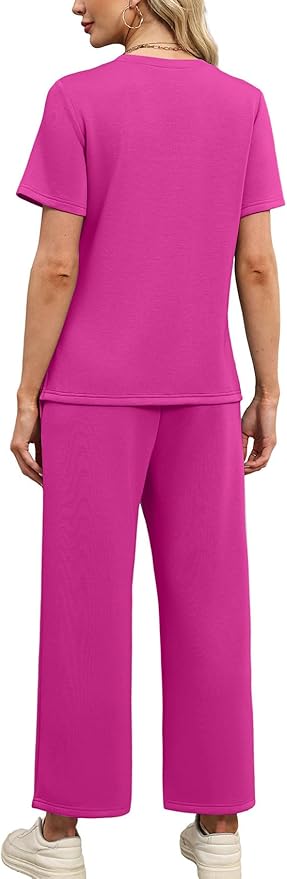WIHOLL Two Piece Sets for Women Summer Travel Vacation Outfits Short Sleeve Lounge Sets Side Slit Wide Leg Pants S-3XL