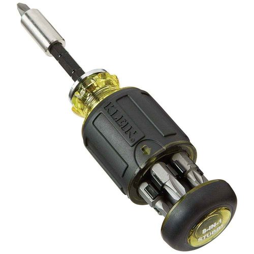 Klein Tools 56413 Rechargeable 2-Color LED Flashlight, Holster, Spotlight, Floodlight, Red LED & 32308 Multi-bit Stubby Screwdriver, Impact Rated 8-in-1 Adjustable Magnetic Tool