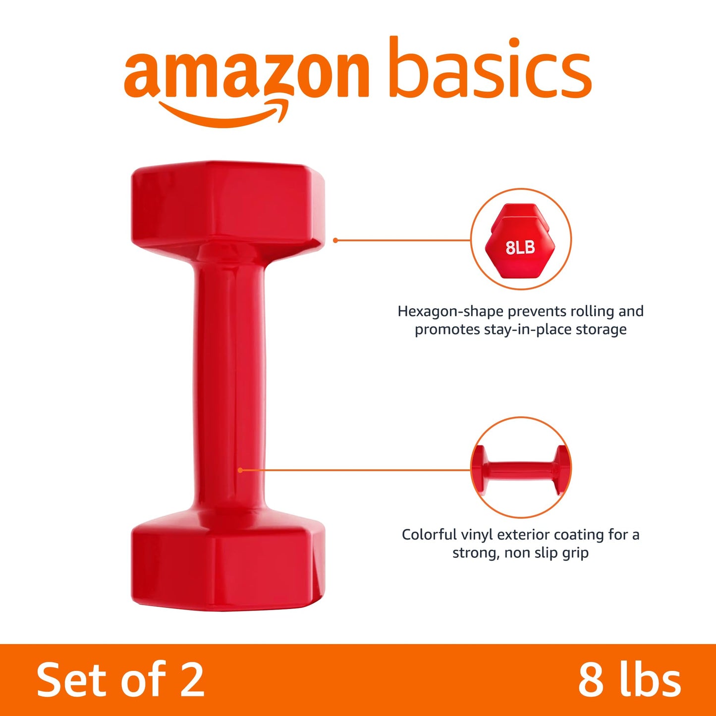 Amazon Basics Vinyl Coated Dumbbell Hand Weights, 8 Pounds, Pair, Red