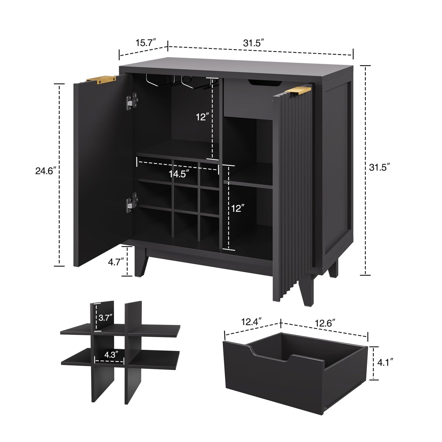 Modern Fluted Coffee Bar Cabinet with Removable Wine Rack and Adjustable Shelf, Solid Wood Legs, Multi-Functional Sideboard Buffet for Kitchen, Dining Room, Living Room, Entryway, Black