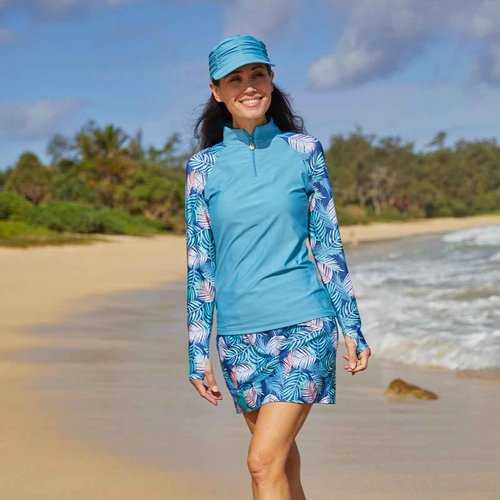 UV SKINZ UPF 50+ Womens LS 1/4 Zip Sun & Swim Shirt - Koa Leaves - 2XL