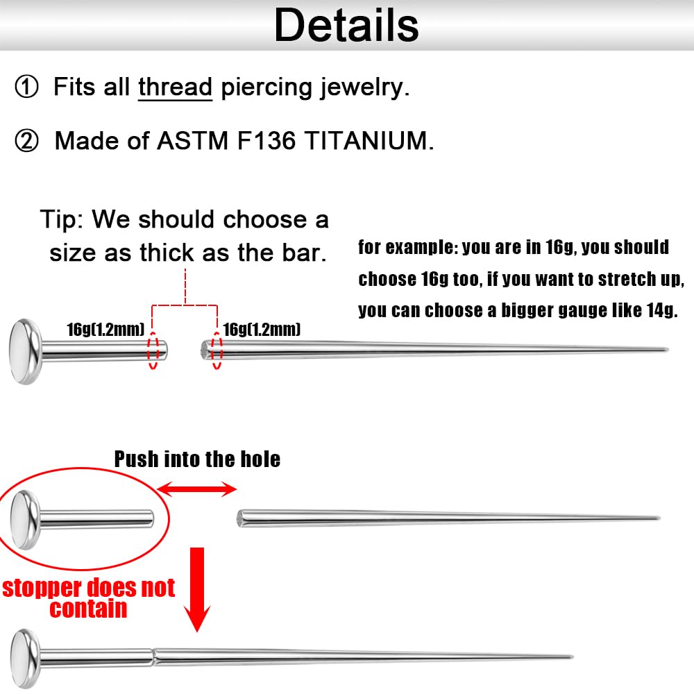 14g/16g/18g ASTM F136 Titanium Piercing Taper Insertion Pin for Internal Thread Tragus/Helix/Lip/Nose/Helix/Piercing Jewelry Car