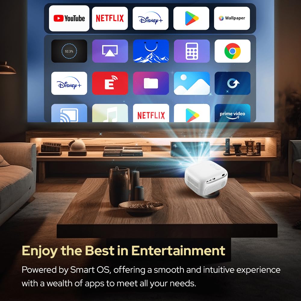 RockTek PJ500 Bright FHD Sealed Projector, Smart OS, FULL HD, Wifi 6, Bluetooth 5.2, 550 ANSI Lumens, 130 inch screen, Auto Keystone, Auto Focus