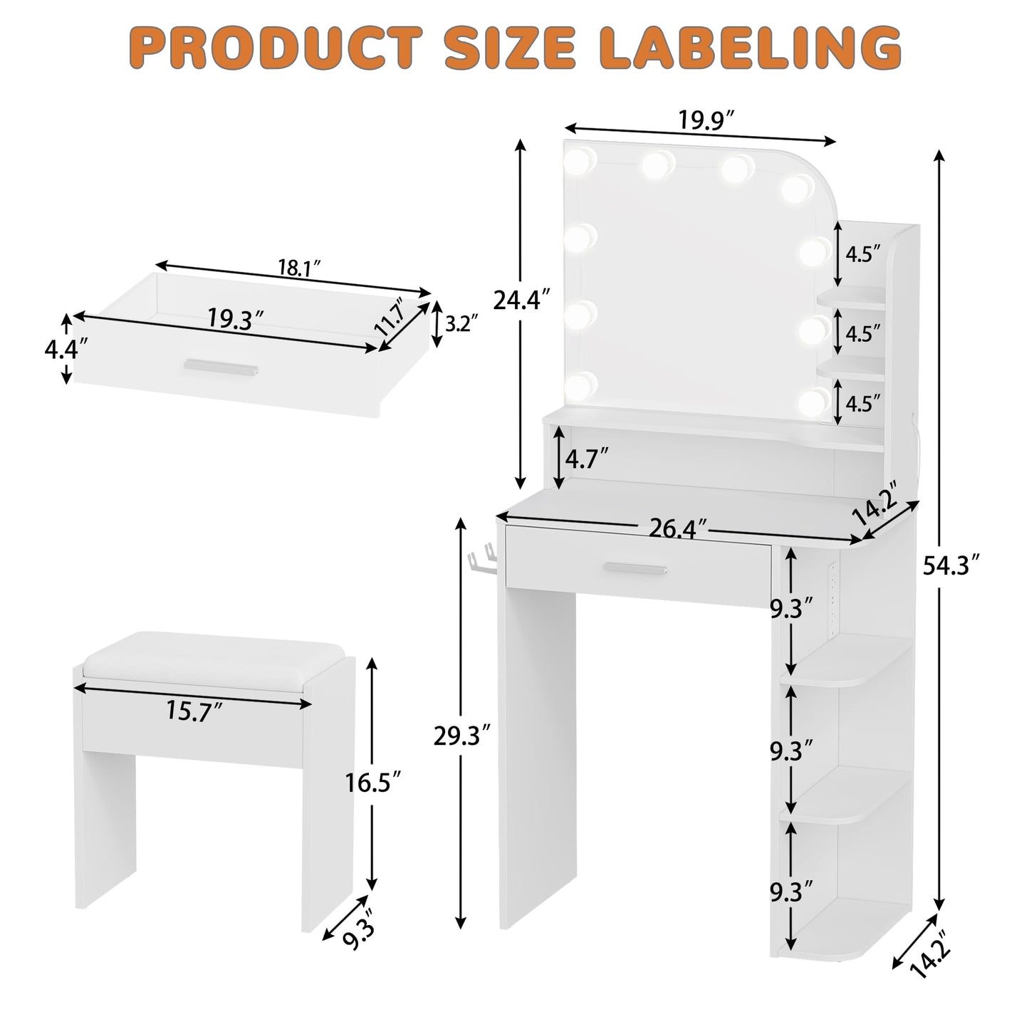 Small Makeup Vanity Desk with Mirror and Lights, 26.4" Small Vanity for Small Space with Stool and Charging Station, Compact Vanity with 3 Color Lighting Modes (White)