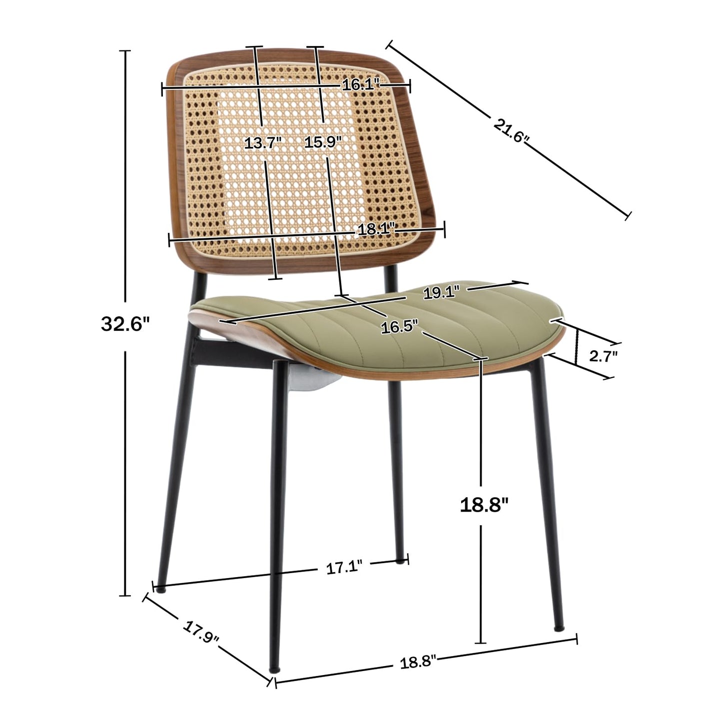 YOUUGIOR Rattan Dining Room Chairs Set of 4,Mid Century Modern Green PU Leather Kitchen Chair,Upholstered Seat Metal Legs Chairs with Adjustable Foot Pads,Walnut Armless Side Chairs