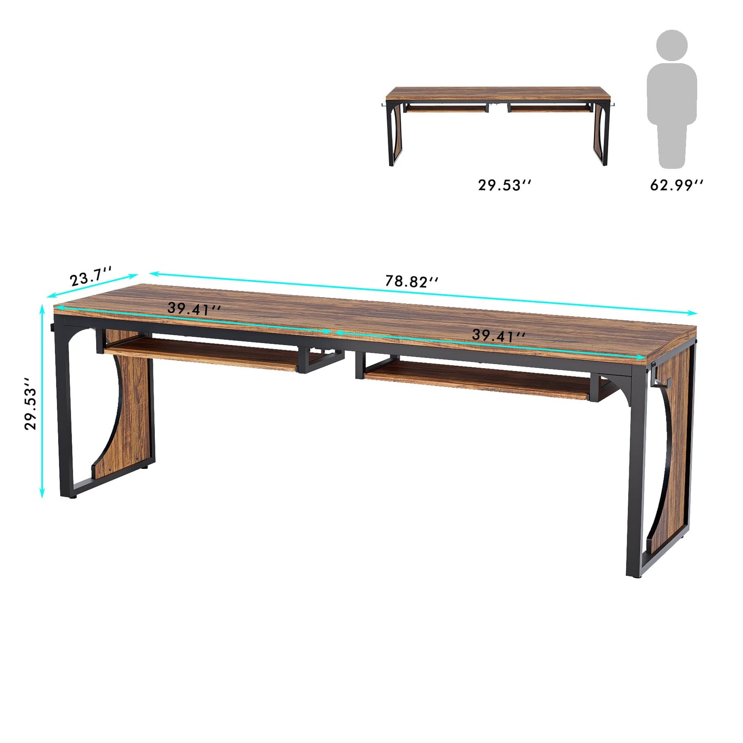 FUXJUM 78.7 Inch Extra Long Home Office Desk Game Computer Desks for 2 Persons Double Keyboard Trays Workstation with Hooks Writing Study Table Rustic Brown MDF and Metal Frame