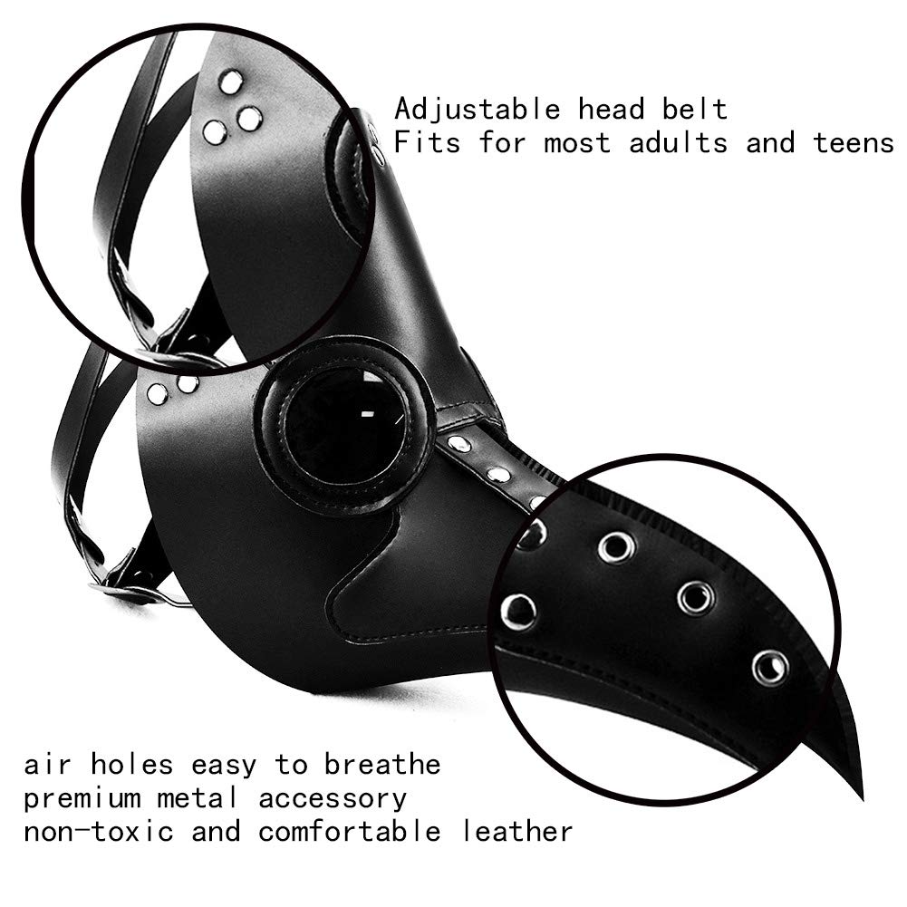 duduta Black PU Leather Plague Doctor Mask, Bird Death Mask Halloween Scary Costume Mask