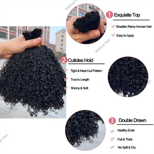Afro Kinky Curly Bulk Human Hair Extensions Double Drawn Brazilian Virgin Braiding Hair For Boho Box Braids Afro Kinkys Crochet Hair Walnut hair 95-100g 22Inch