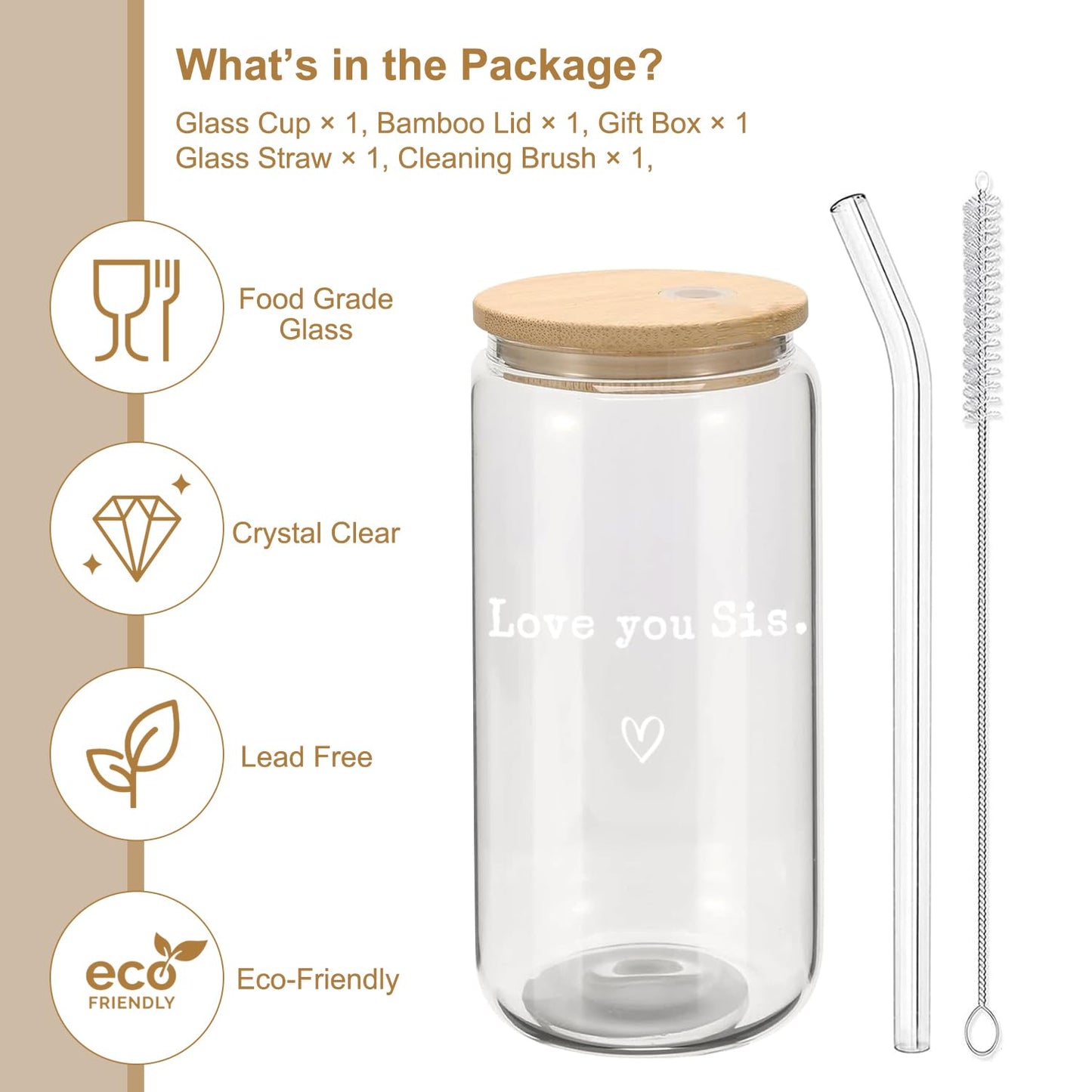 Mikopei Sister Gifts from Sister - Love You Sis Glass Cups with Lids and Straws, Best Big Soul Sisters Birthday Gifts for Women,Cute Iced Coffee Cup, 16 oz