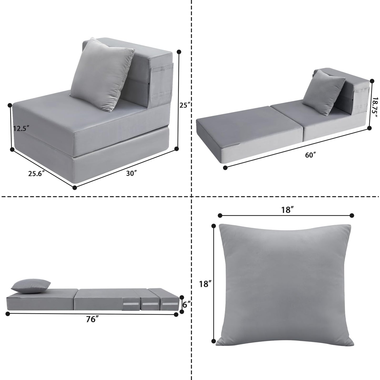 MeMoreCool Foldable Futon Chair Bed Sleeper for Adults, Single Folding Mattress 6 Inch, Fold Out Couch Bed with Pillow, Convertible Foam Floor Sofa Sleeping Tri Fold Mattress Chair (Grey)