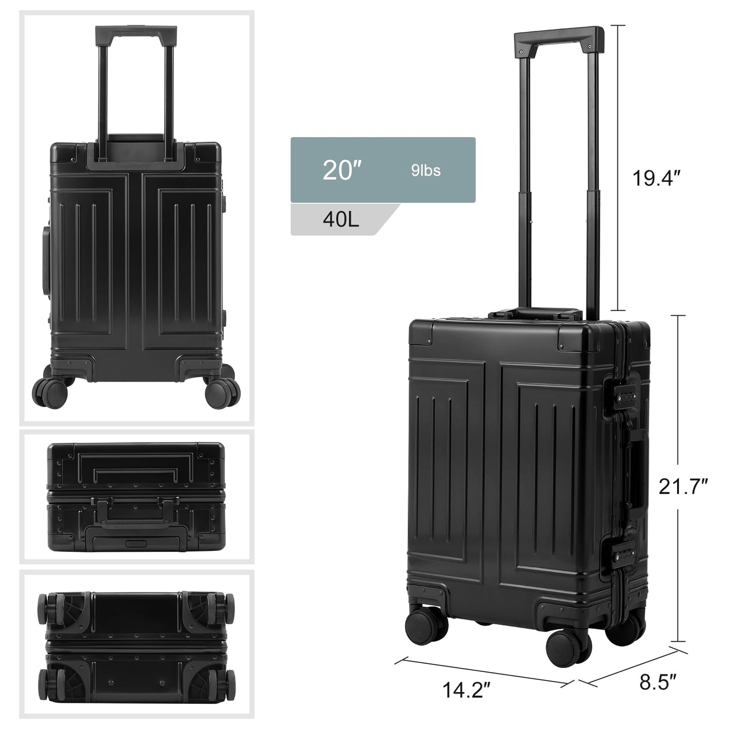 KANGSHILU All Aluminum Carry On Luggage,Cut from Whole Aluminum Sheet,22x14x9 Airline Approved ,(3rd Generation,Premium Metal zipperless suitcase ) (black, 28inch)