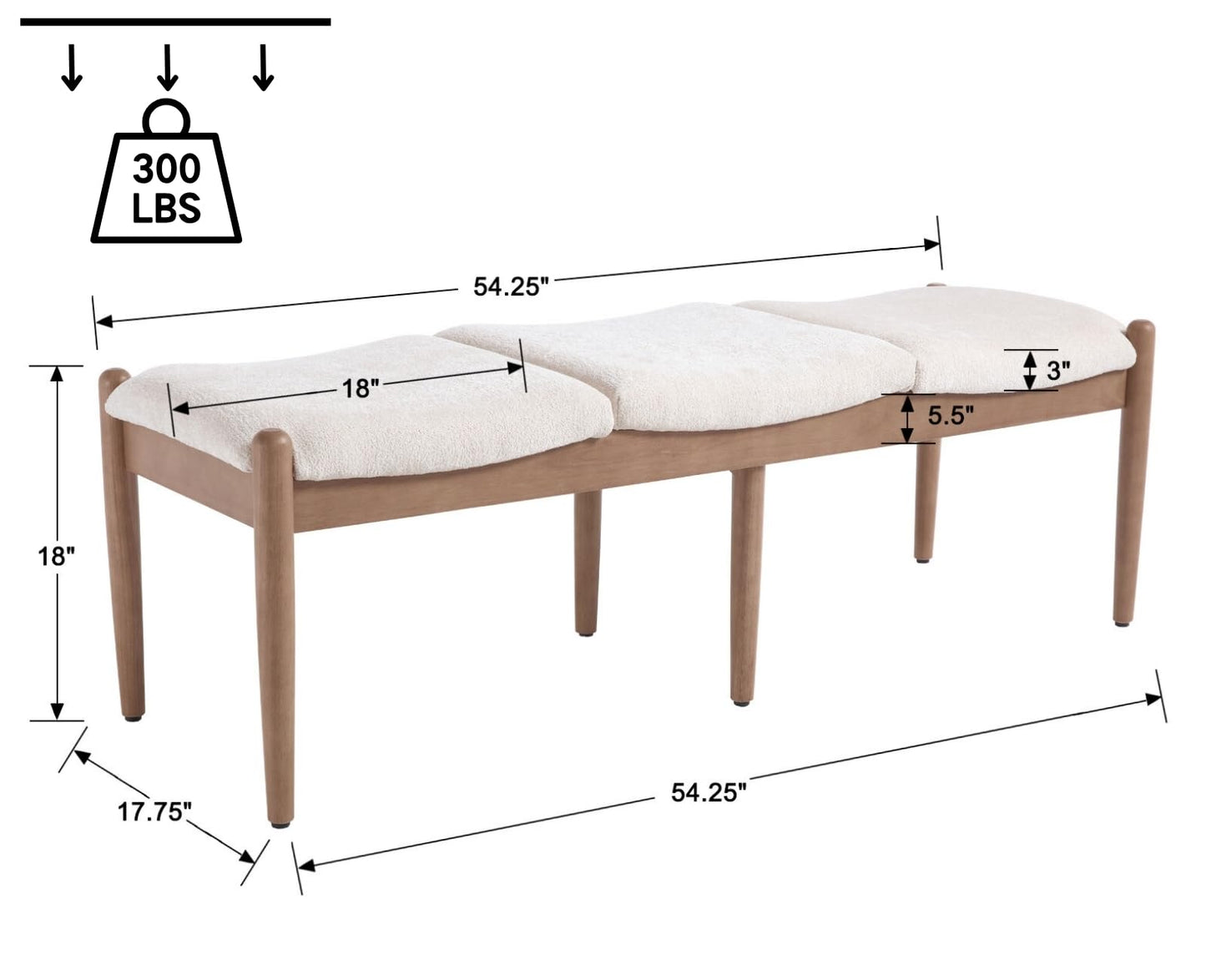 ROCITY 55 Inch End of Bed Bench Extra Long Padded Entryway Bench with Natural Wooden Frame/Chenille Fabric Modern Upholstered Oversized Ottoman for Bedroom, Living Room, Beige