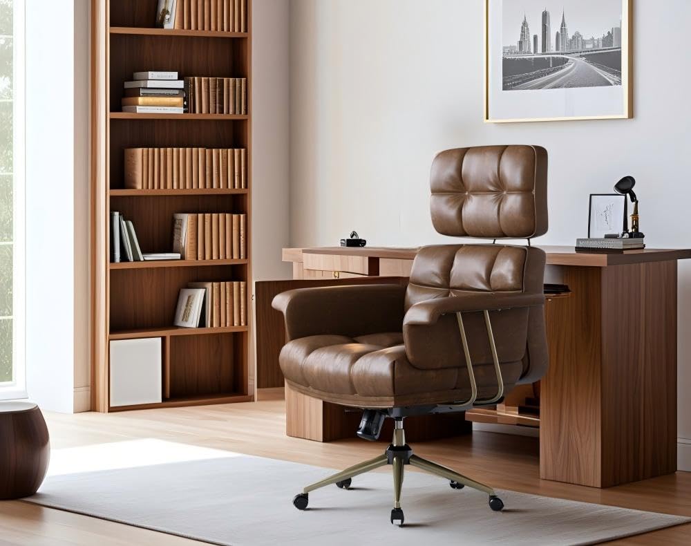 Marsail Executive Office Chair, PU Leather Ergonomic Desk Chair with Thick Cushion & Lumbar Support, Mid-Century Modern Swivel Computer Chair for Home Office, Brown