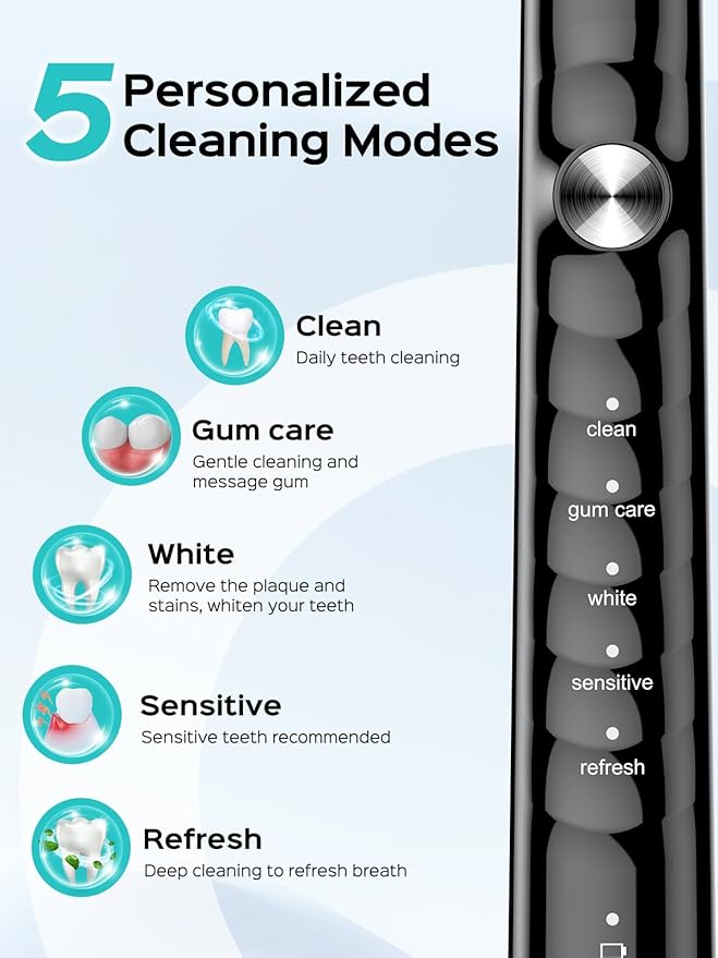 COSLUS Sonic Electric Toothbrush for Adults: 47000 VPM for Deep Cleaning & Whitening with Travel Case - 5 Modes for Sensitive Teeth & Braces, Wireless Charging, 6 Brush Heads, Black & Pink (2PCS)