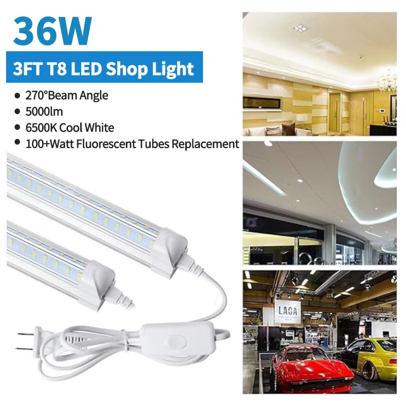AQIQUUT 3FT Led Shop Light,3FT Lights 36W 6500K 5000LM Daylight,Led Shop Lights 110V Linkable Clear Cover Integrated V-Shape for Shop Garage Warehouse Workshop Commercial Bay Lighting(4-Pack)