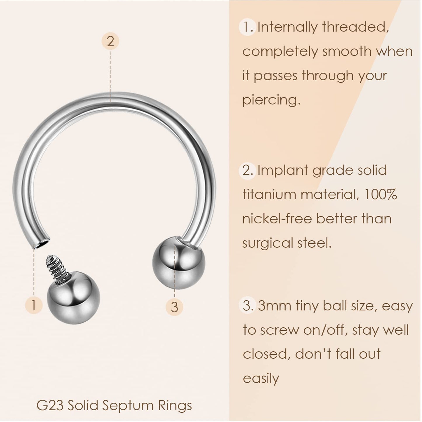MILACOLATO 16g Septum Rings for Women Men | Implant Grade G23 Titanium Septum Ring | Internally Threaded Horseshoe Barbell Pierc