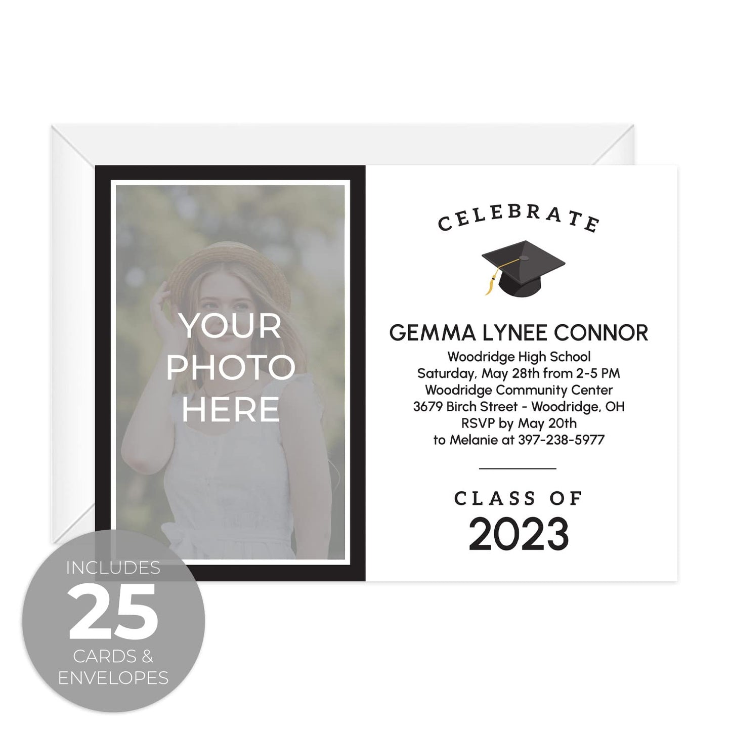 Personalized Graduation Celebrate Photo Invitations / 25 Black And White Custom Graduate Photo Party Invites With White Envelopes / 5" x 7" Flat Modern Grad Cap Invitation/Made In The USA