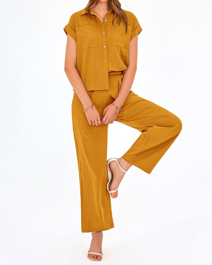 PRETTYGARDEN Womens 2 Piece sets Summer Cap Sleeve Tops Palazzo Pants Dressy Casual Vacation Travel Outfits Tracksuits