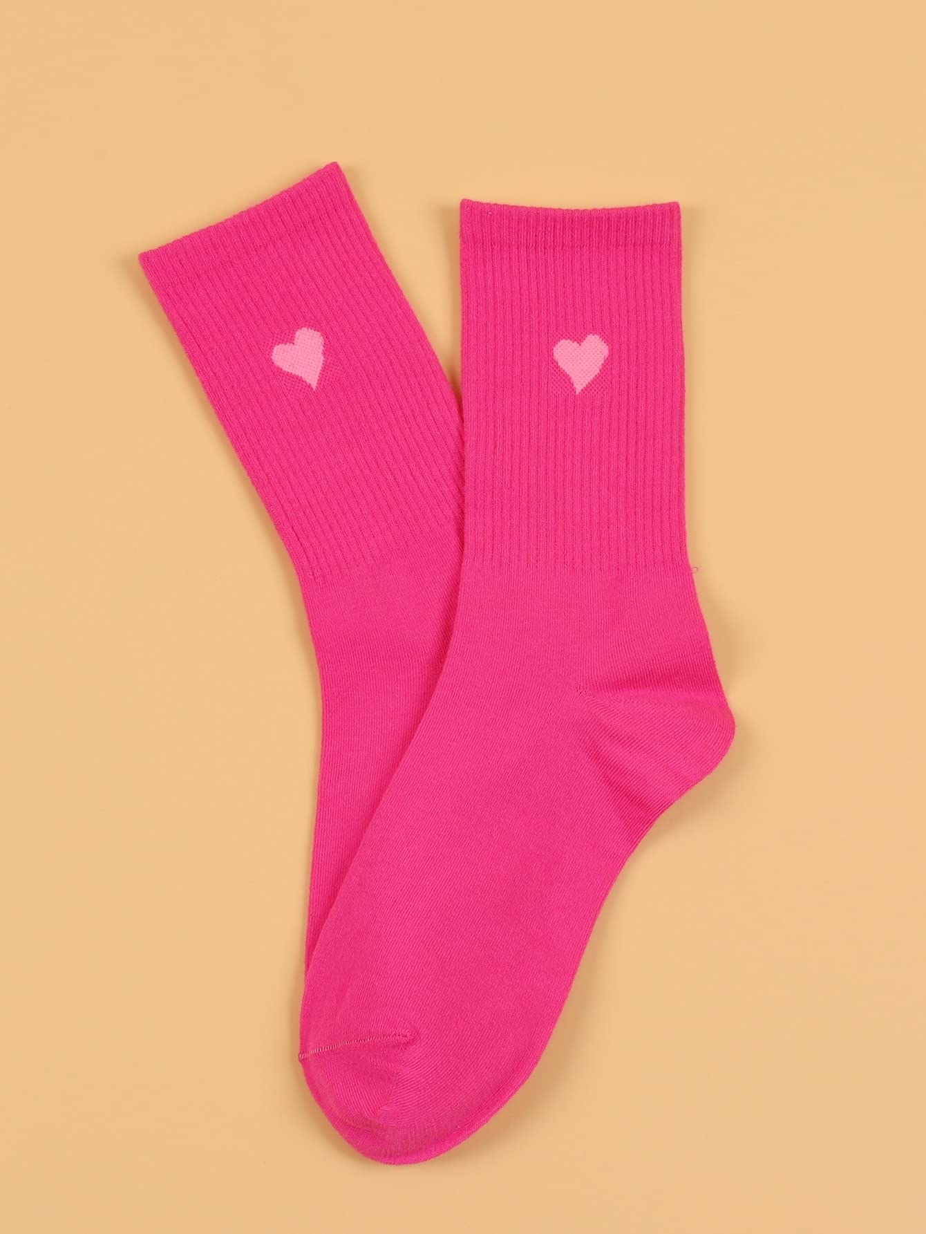 SHENHE Women's Heart Print Crew Socks Ribbed Knit Mid Calf Dress Socks Hot Pink One Size