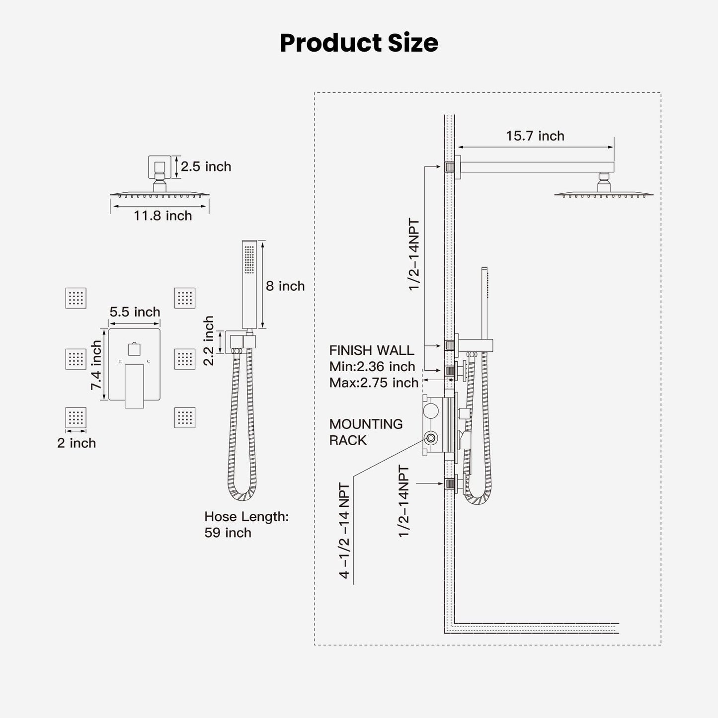 gotonovo Shower Faucet with Full Body Jets Rain Mixer 12 inch Rainfall Shower Head and Handheld Spray Combo Wall Mounted Rough-in Valve and Trim Included with 6pcs Body Message Jets Matte Black