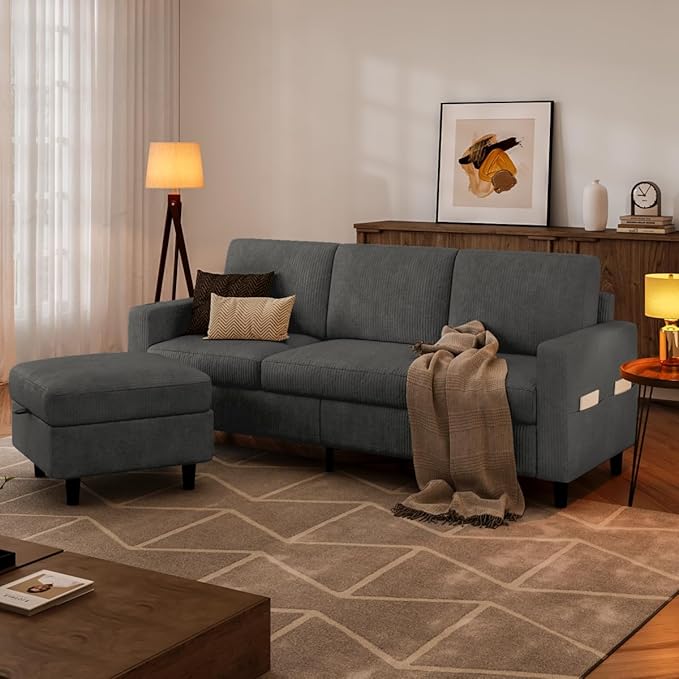 POYISOU Sectional Couches for Living Room, L Shaped Couch with Storage Ottoman, Small Sofa Corduroy Couch with Side Pockets, Modern 3 Seater Convertible Sofa for Apartment, Office, Dark Grey