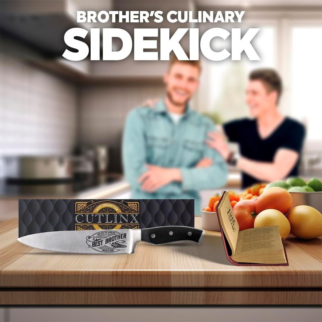 CUTLINX Premium Chef Knife Gift - Engraved BEST BROTHER - 8" Stainless Carbon Steel Kitchen Knive w/Pakka Wood Handle - Birthday, Father's Day, Christmas, Anniversary, or Housewarming Gifts