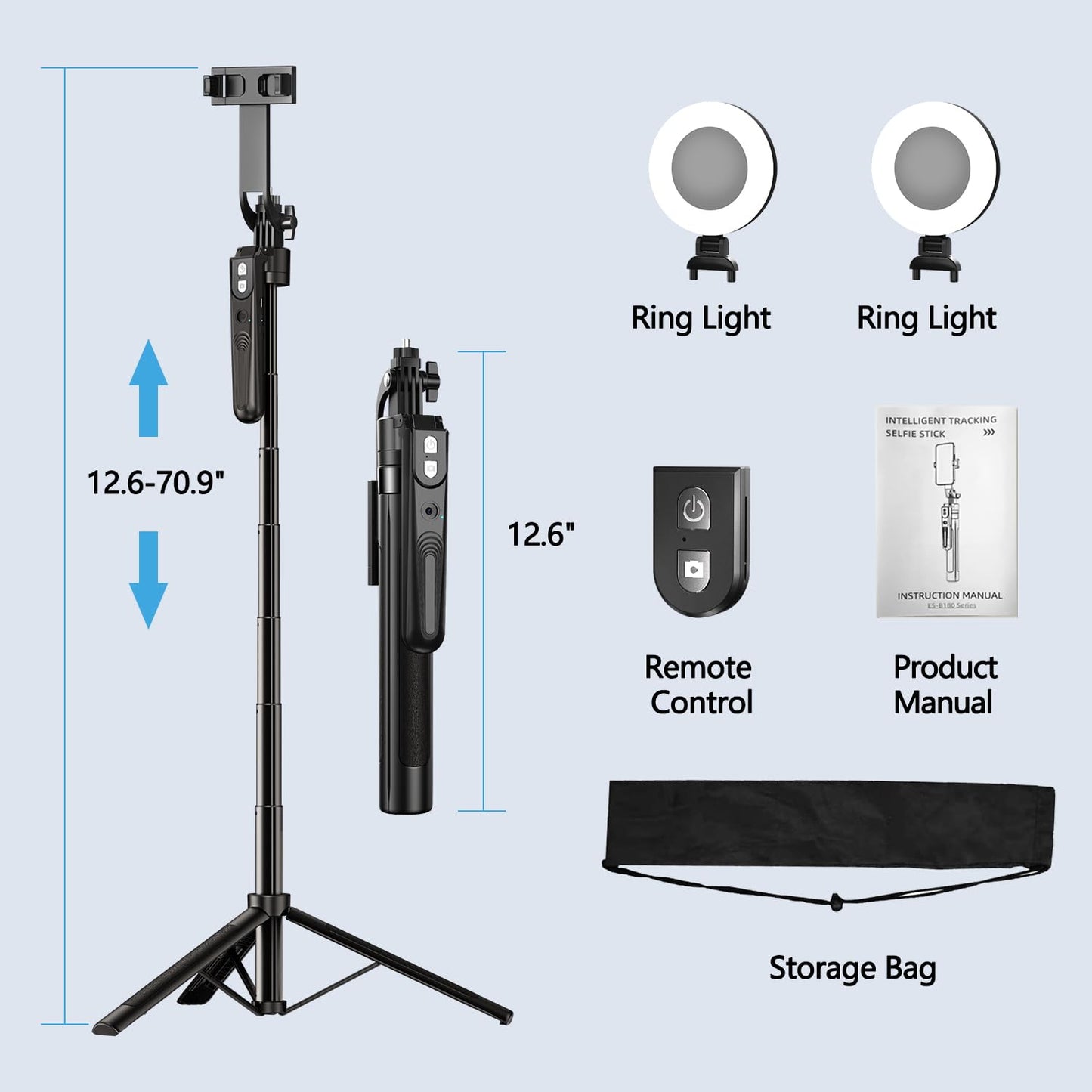 Yayusi 70.9 Auto Face Tracking Selfie Stick Tripod For Iphone With Light, No App, 360 Rotation Tripod That Follows Your Movement