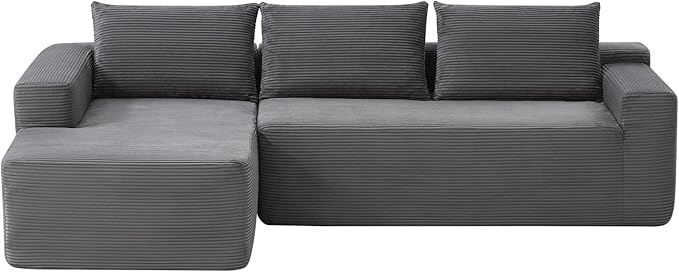 96 Inch Cloud Sectional Couch,Modern Modular Sectional Sofa with Deep Seat,Corduroy Boneless Couches with L-Shape Chaise for Living Room Bedroom,No Assembly Required (Grey, Left Facing Chaise)